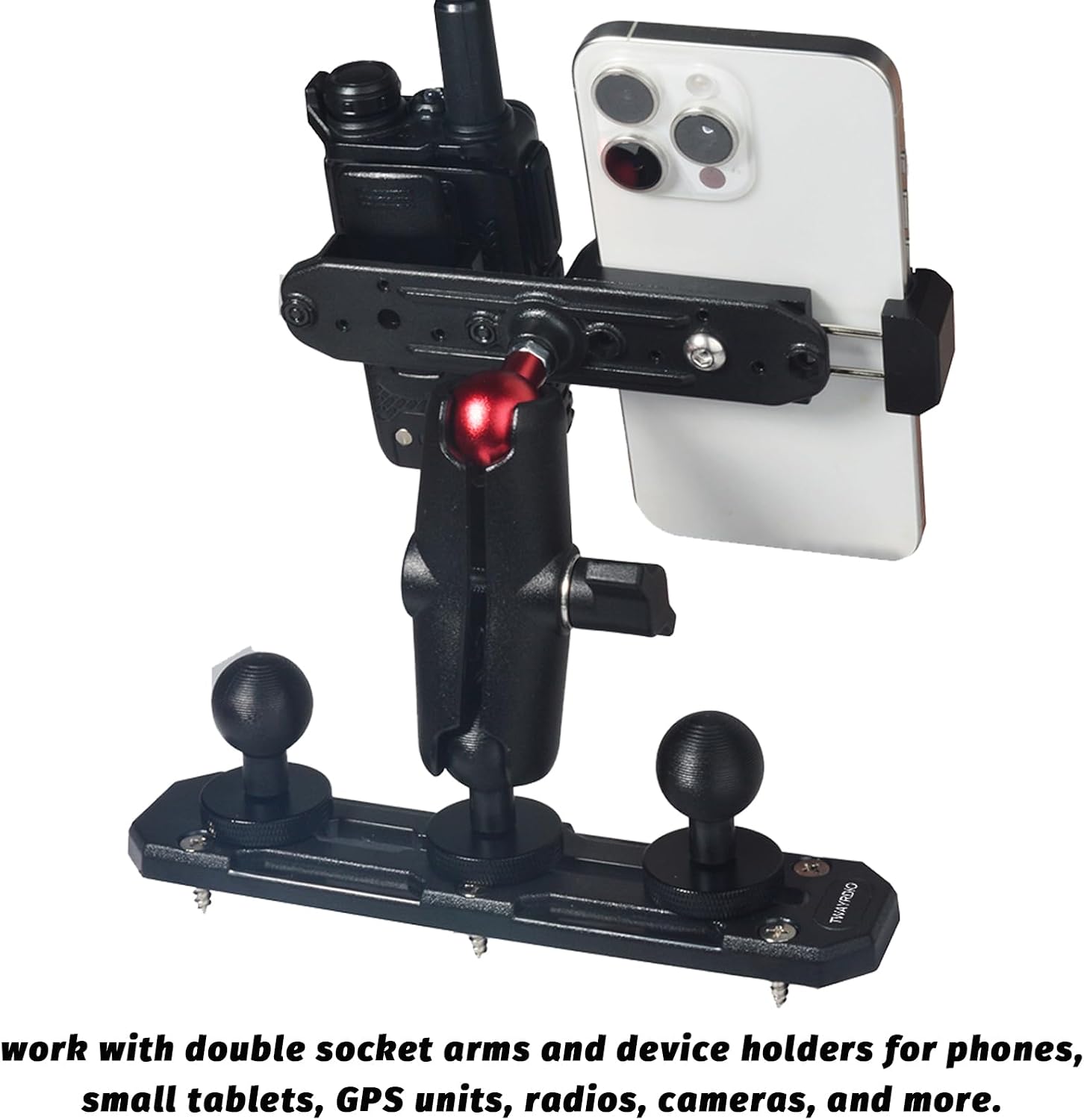 TWAYRDIO Dash Track Mount with 3pcs 1" Track Ball Compatible with RAM Mounts Double Socket Arm for Phones, Small Tablets, GPS Units, Radios, Cameras