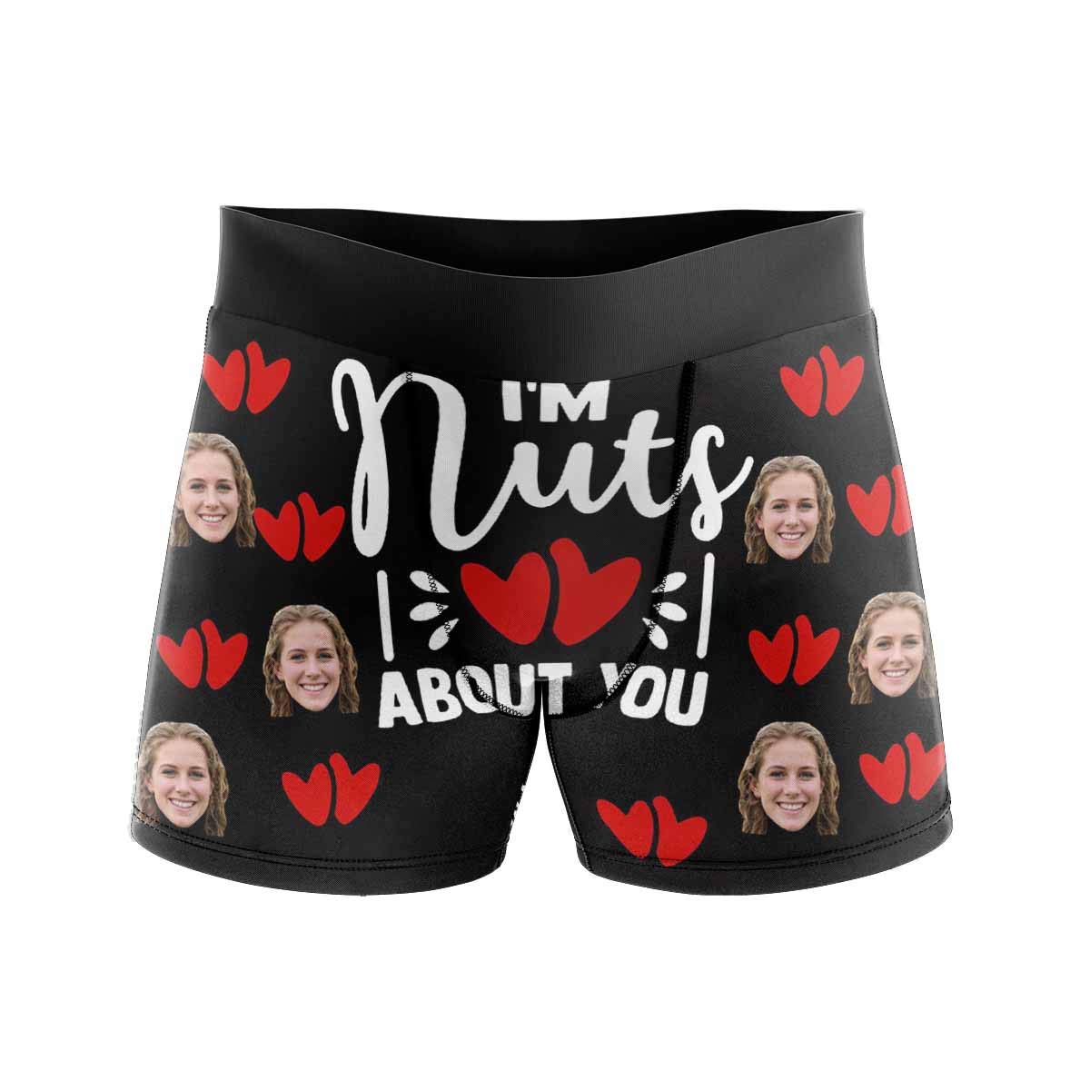 Personalized Men's Funny Christmas Underwear Wife's Face on I'm Nuts About You Christmas Red Hilarious Xmas Boxer Briefs Shorts with Photo