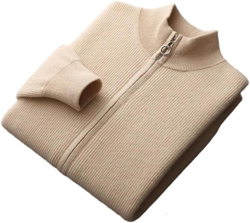 Mens 100 Percent Wool Stand Collar Zip Cardigan Knitted Sweater Cashmere Warm Winter Large