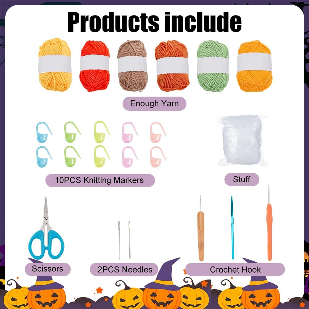 ACRNIGHEET Pumpkin Crochet Starter Kit Halloween Crochet Kit for Adults 6PCS DIY Crochet Kit for Beginners Crochet Knitting Supplies for Beginners with Step-by-Step Instruction and Video Tutorials