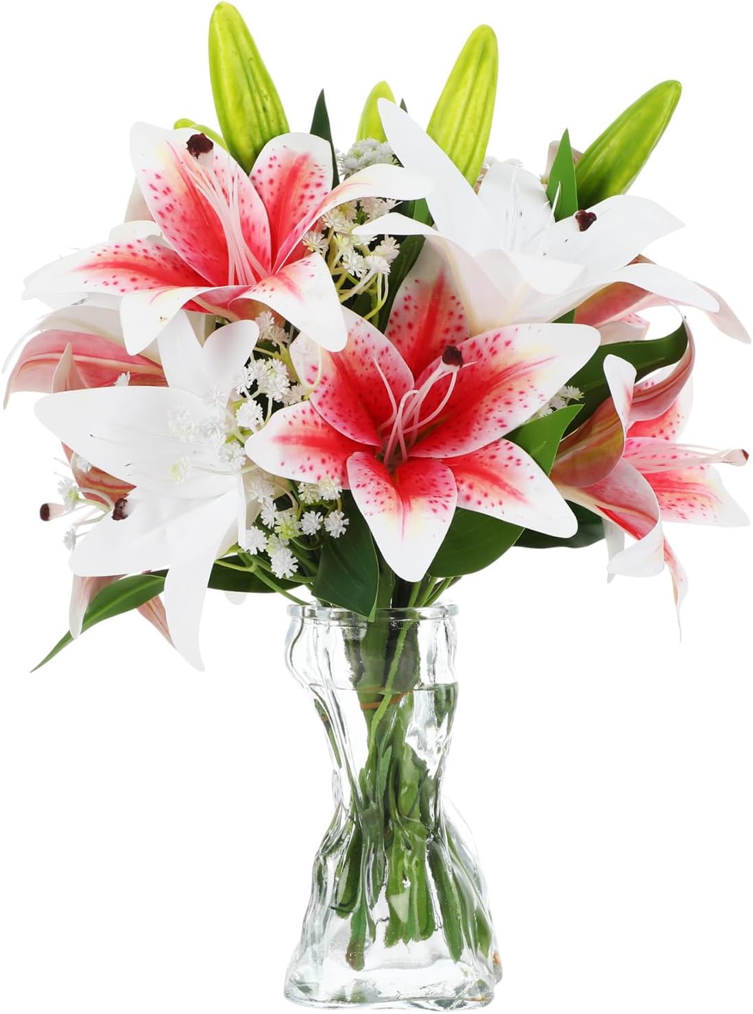 Janinka 12pcs Artificial Lily Flowers 12 Heads White and Pink Faux Tiger Lilies Flowers with Fake Baby Breath Artificial Gypsophila for Spring Home Church Wedding Decoration