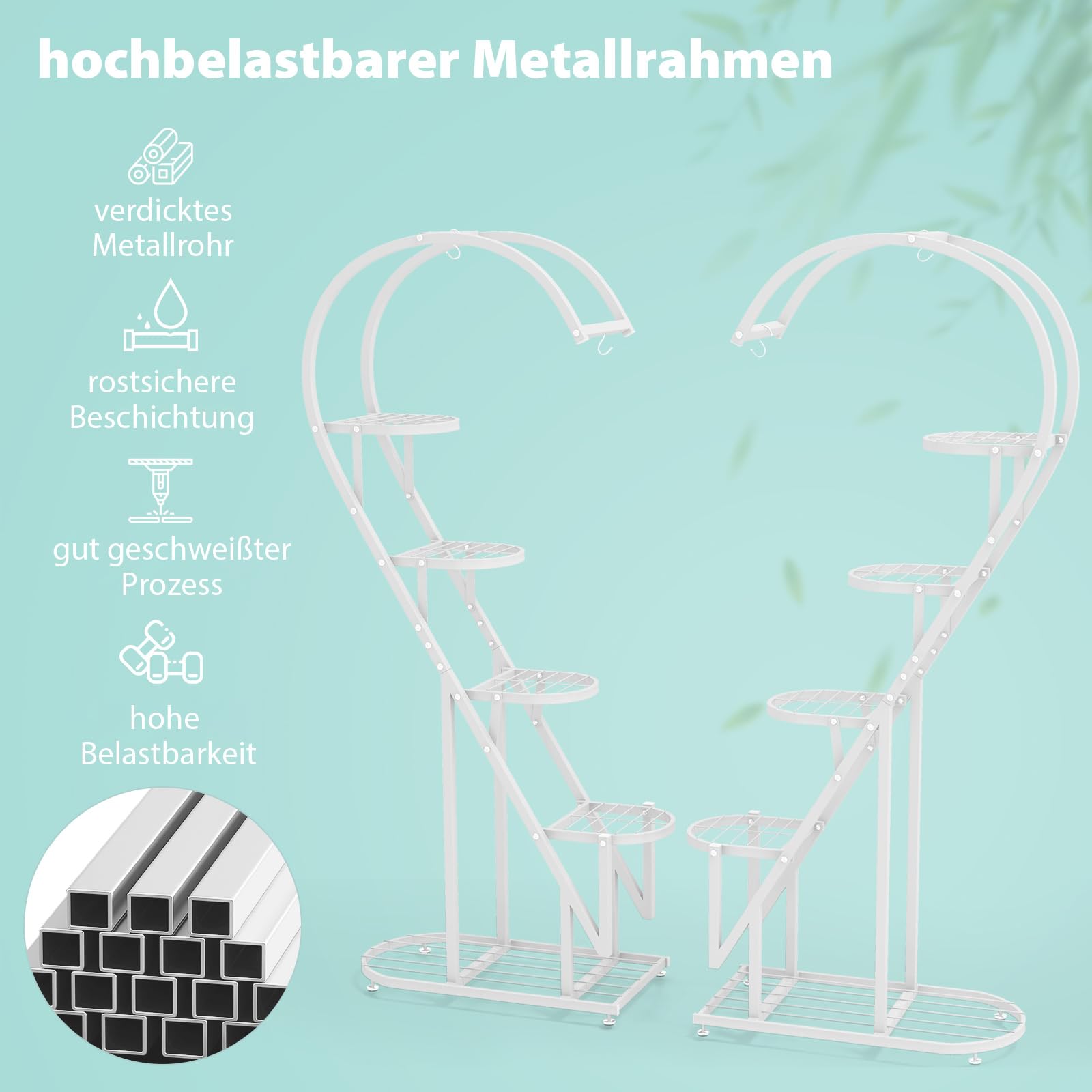 COSTWAY 5-stufiger Metall Pflanzenständer Herzförmig, Blumenregal mit Haken, Leiter Pflanzenregal Kippschutz, Pflanzenleiter Blumenständer, für Garten Balkon Wohnzimmer (Weiß)