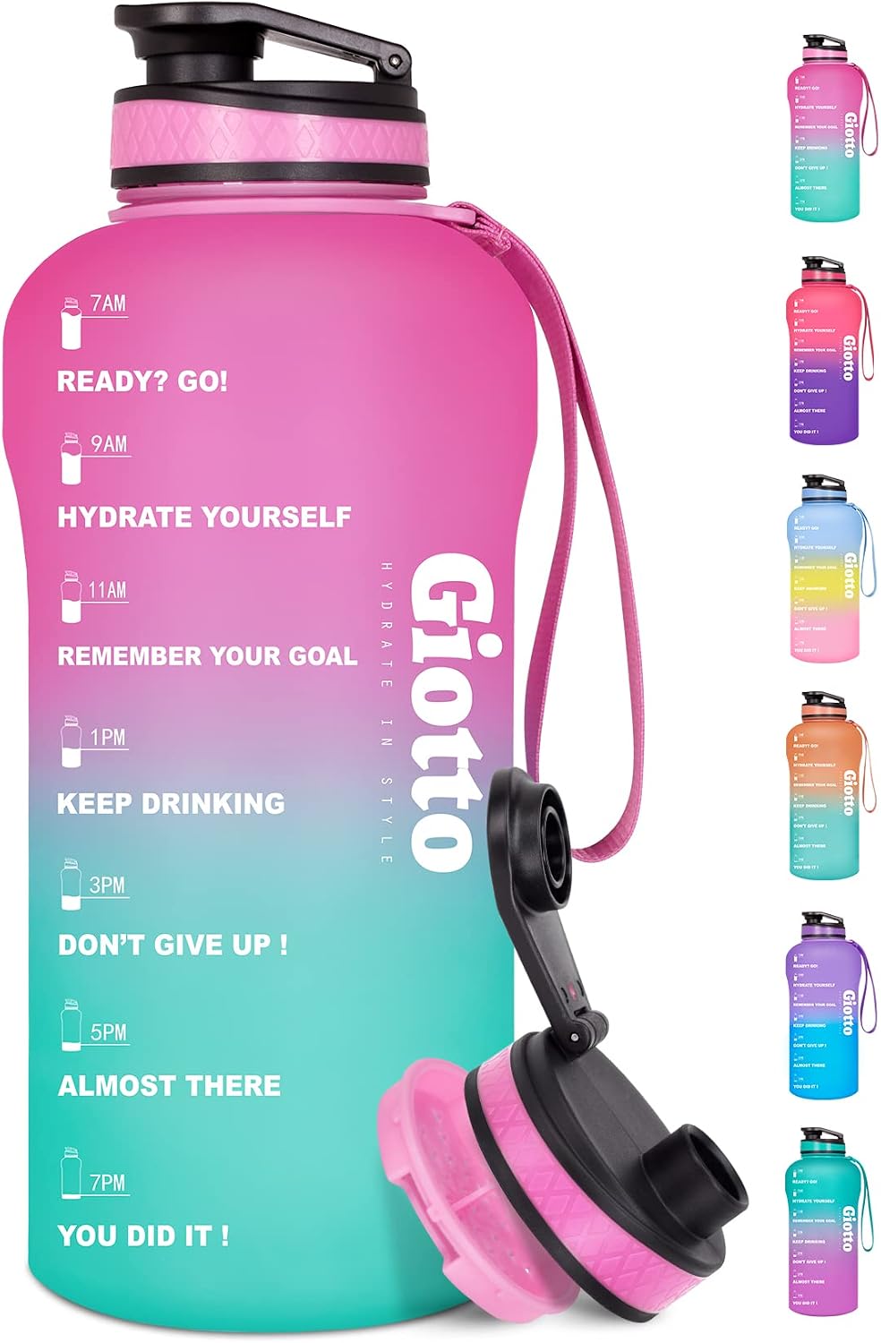 Giotto Large Half Gallon/64oz Motivational Water Bottle with Time Marker & Removable Strainer, Leakproof BPA Free Water Jug to Remind You Drink More Water, Hydrate in Style