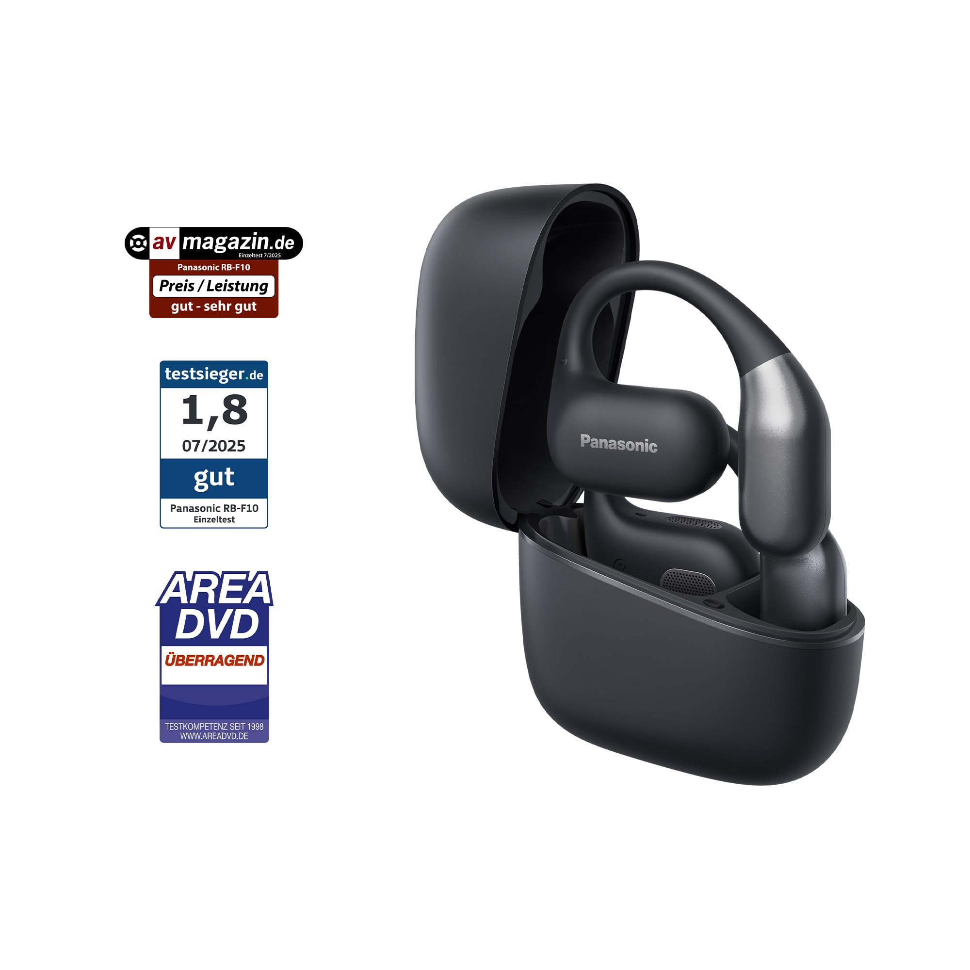 Panasonic RB-F10DE-K Open-Ear kabellose Kopfhörer, Bluetooth 5.4 Kopfhörer mit ENC Mikrofon, 25 Std. Wiedergabe, IPX4 Sport Kopfhörer, Touch-Bedienung, Schwarz
