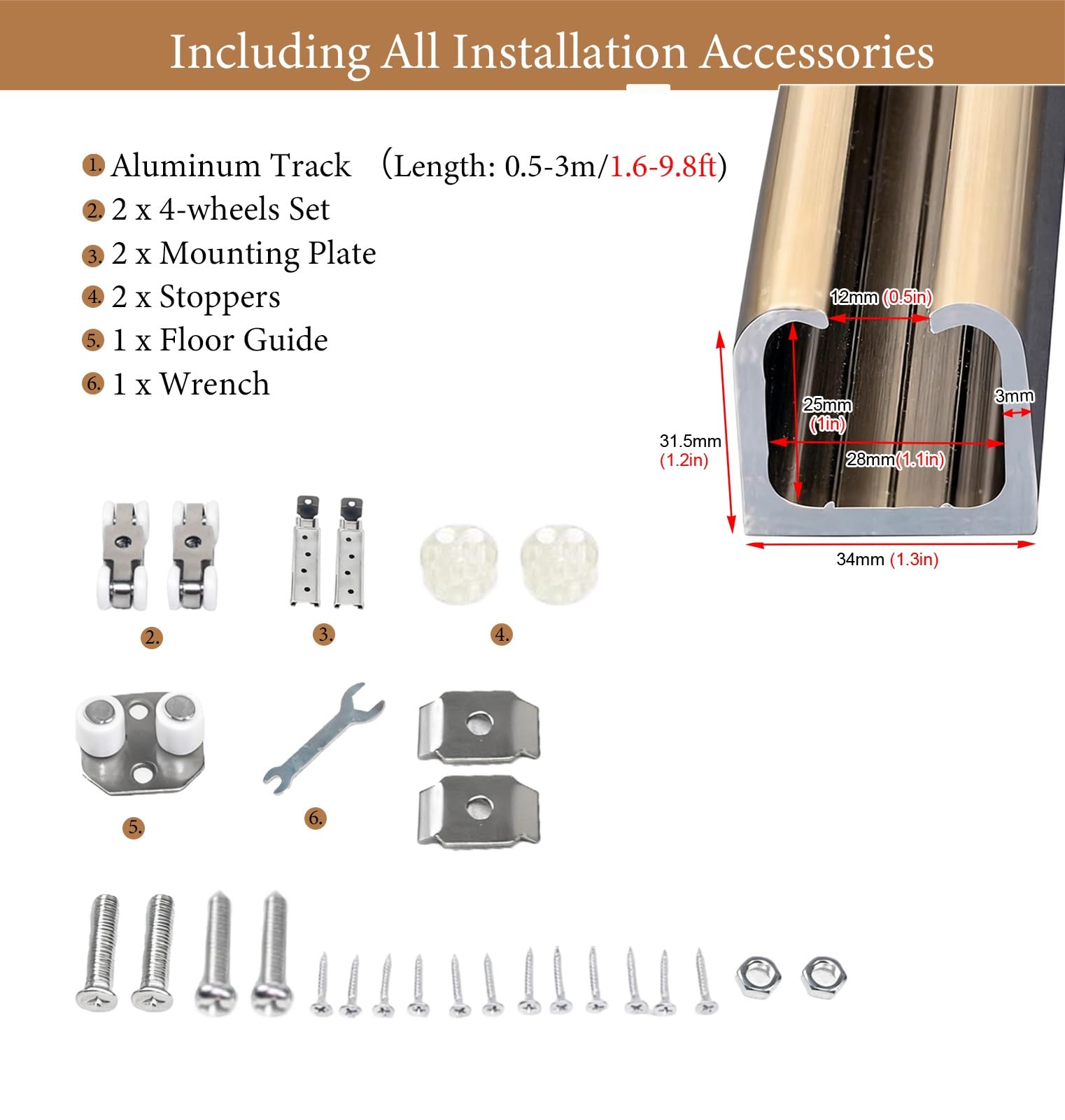 Guia Puerta Corredera Herrajes de Repuesto para Rieles de Puertas Corredizas de Armario, Herrajes de Aluminio para Puertas de Granero con Juego de Rodillos, Rieles Recortables(6.9ft/210cm)