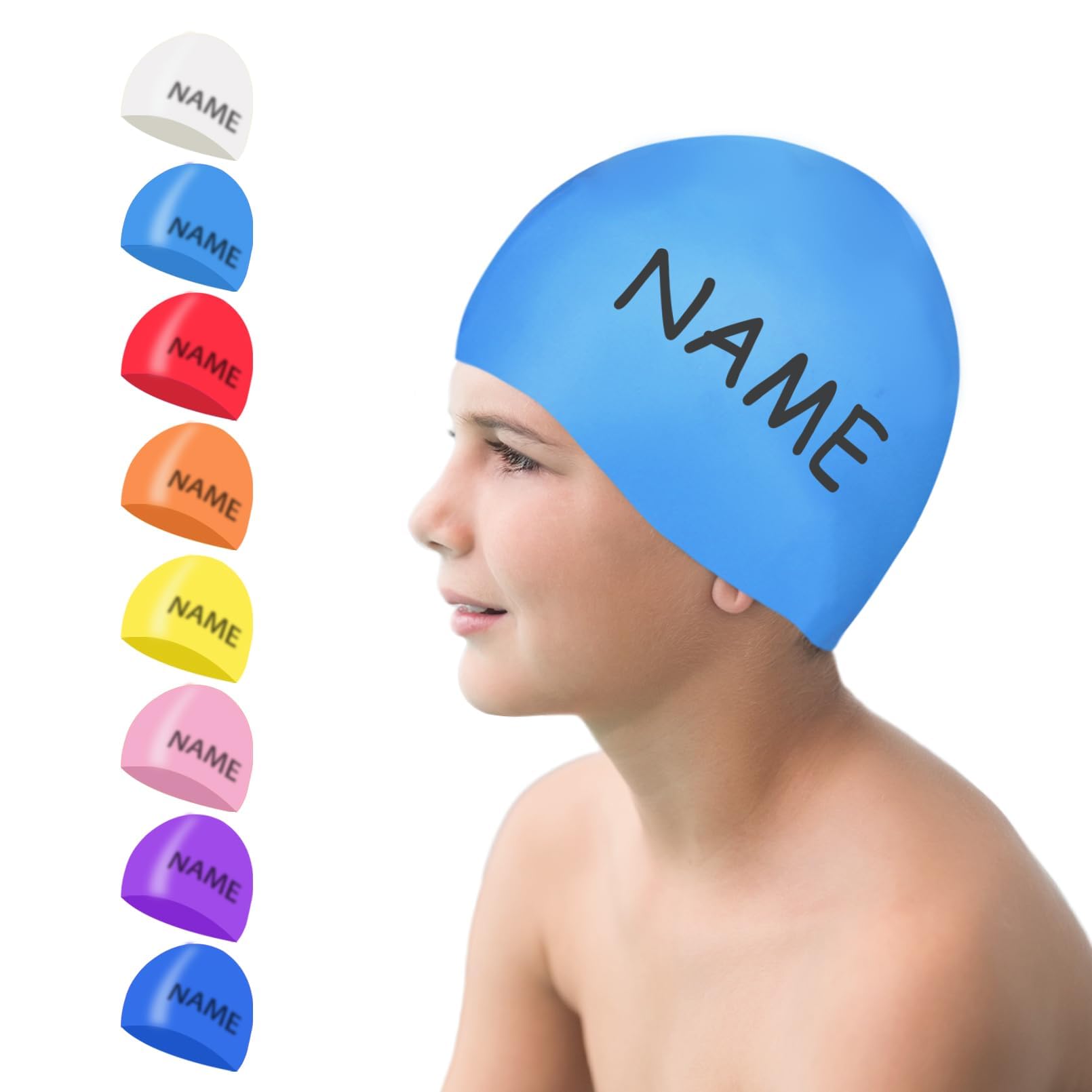 Swimming Cap Kids, Personalized Silicone Swimming Hat Kids with Name Waterproof Colorful Comfortable Anti Slip Boys Girls (Light Blue, M)