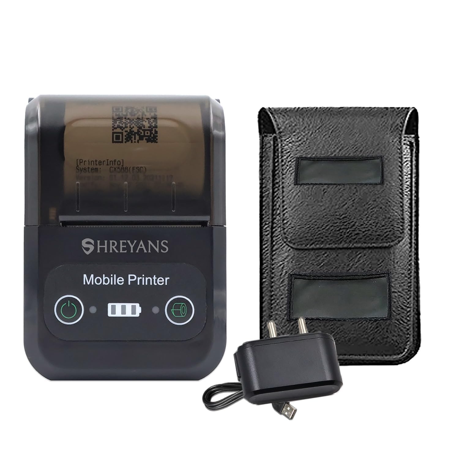 SHREYANS 58Mm Mini Portable Inkless Thermal Printer With All Accesories (Paper Roll, Pouch, Adapter, USB Cable) Easy To Connect With Mobile (With Adaptor), Black