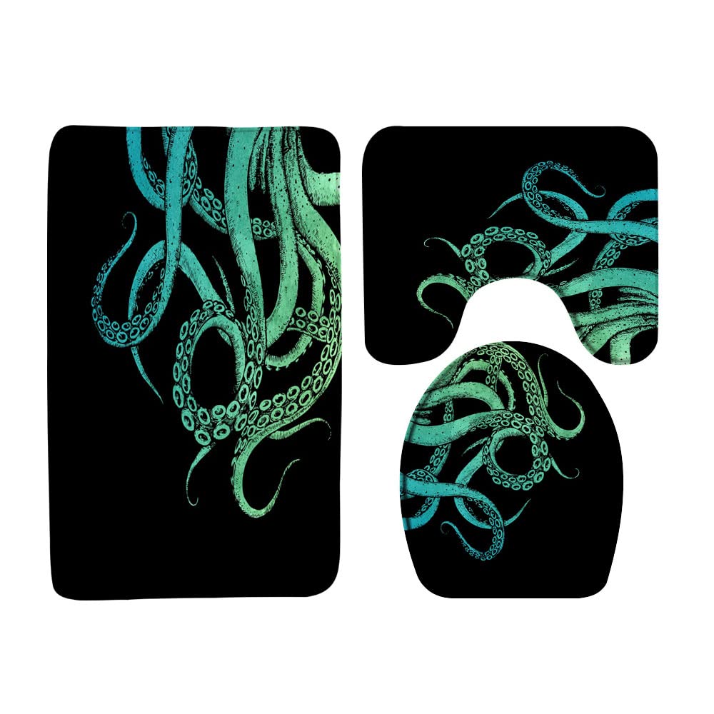FGYGYK Octopus Tentacles 3 Pcs Bath Rugs Set,Ocean Kraken Green Sea Animal Underwater Marine Life Nautical Modern Bathroom Kitchen Rug with 17.8