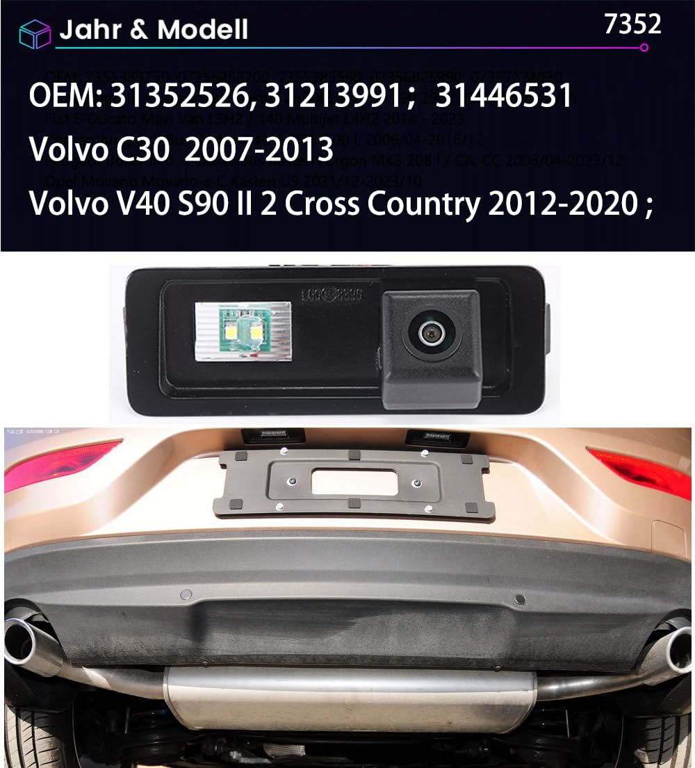 Telecamera posteriore per visione notturna, sostituzione impermeabile della telecamera di retromarcia della targa per Volvo V40 Cross Country 2012-2020 OEM: 31352526