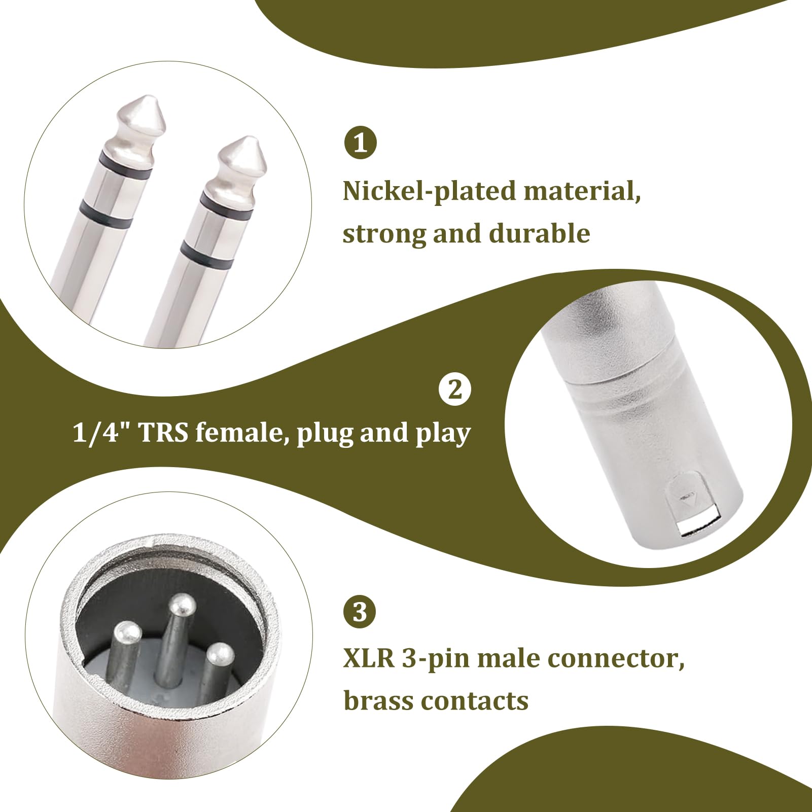 2 stuks XLR naar 6,35 mm adapter, XLR bus naar jack adapter, audio TRS
