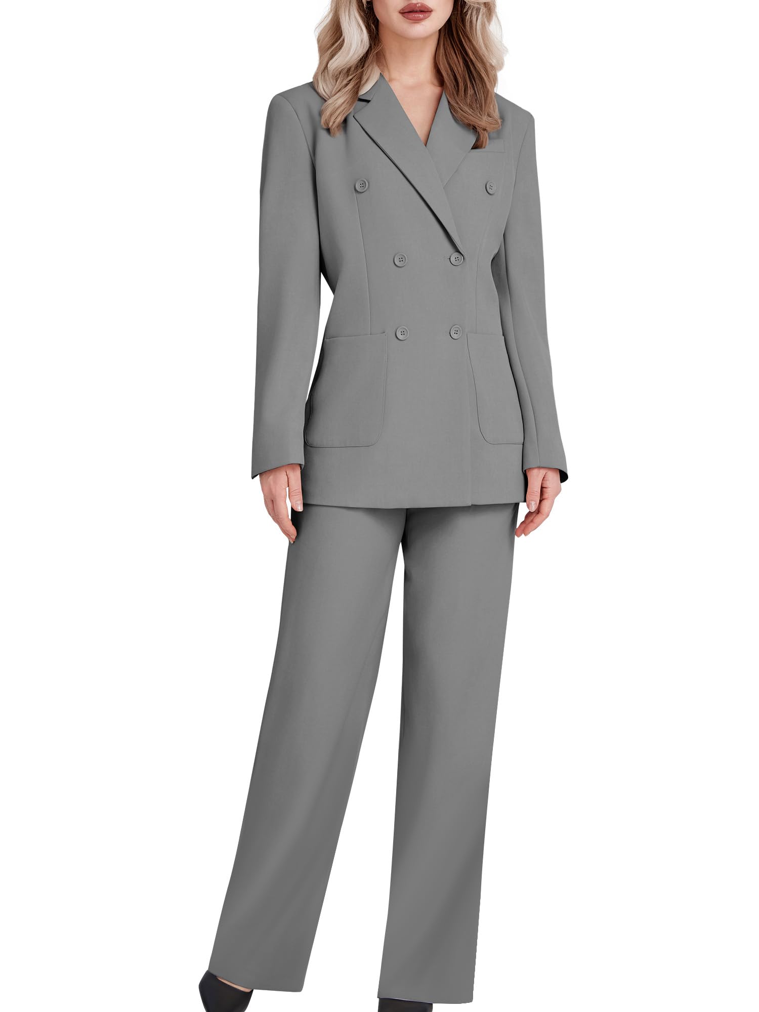 Womens 2 Piece Double Breasted Blazer and Wide Leg Pants Pocket Business Casual Office Suit