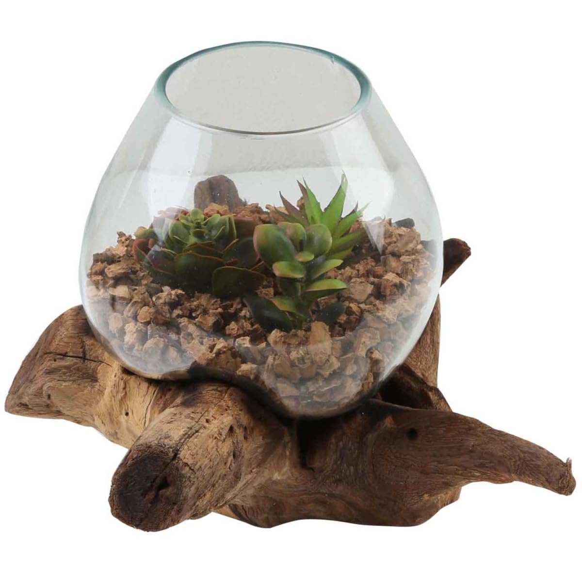 Vaso In Vetro Riciclato Su Radice Di Teak - A20 - H 27 Cm - Pezzo Unico Fatto A Mano - Decorazione Casa Stile Boho