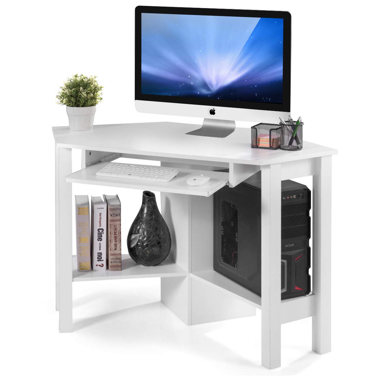 Tangkula White Corner Desk, Corner Computer Desk with Smooth Keyboard
