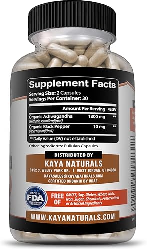 Vista 2 de Kaya Naturals Ashwagandha Cápsulas Extra Strength - Fórmula para aliviar el estrés, apoyo natural del estado de ánimo, estrés, enfoque y suplemento