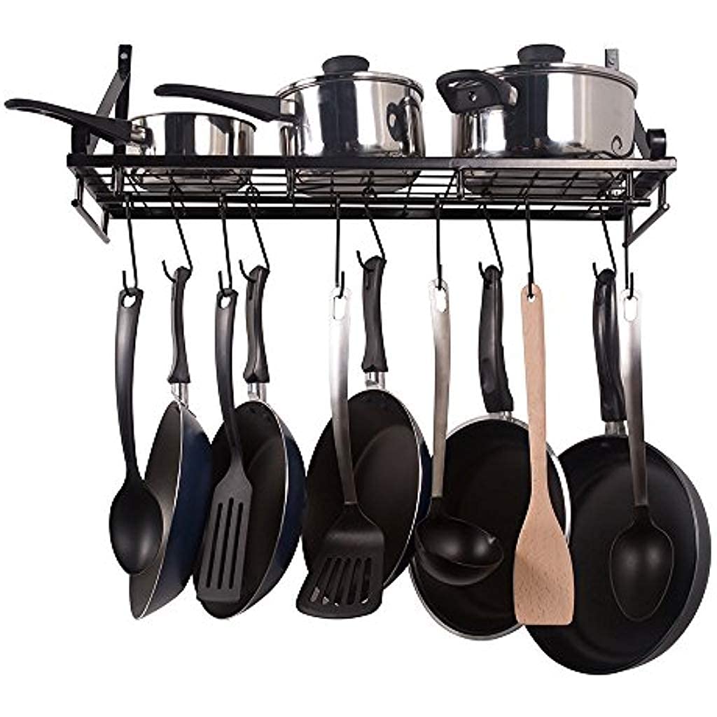 Craft Expertise Wall-Mounted Iron Pan & Pot Rack – Heavy-Duty Kitchen Shelf with 10 S-Shaped Hooks – Space-Saving Cookware Organizer, Rust-Resistant Metal – Black, 16" x 8" x 4" 1