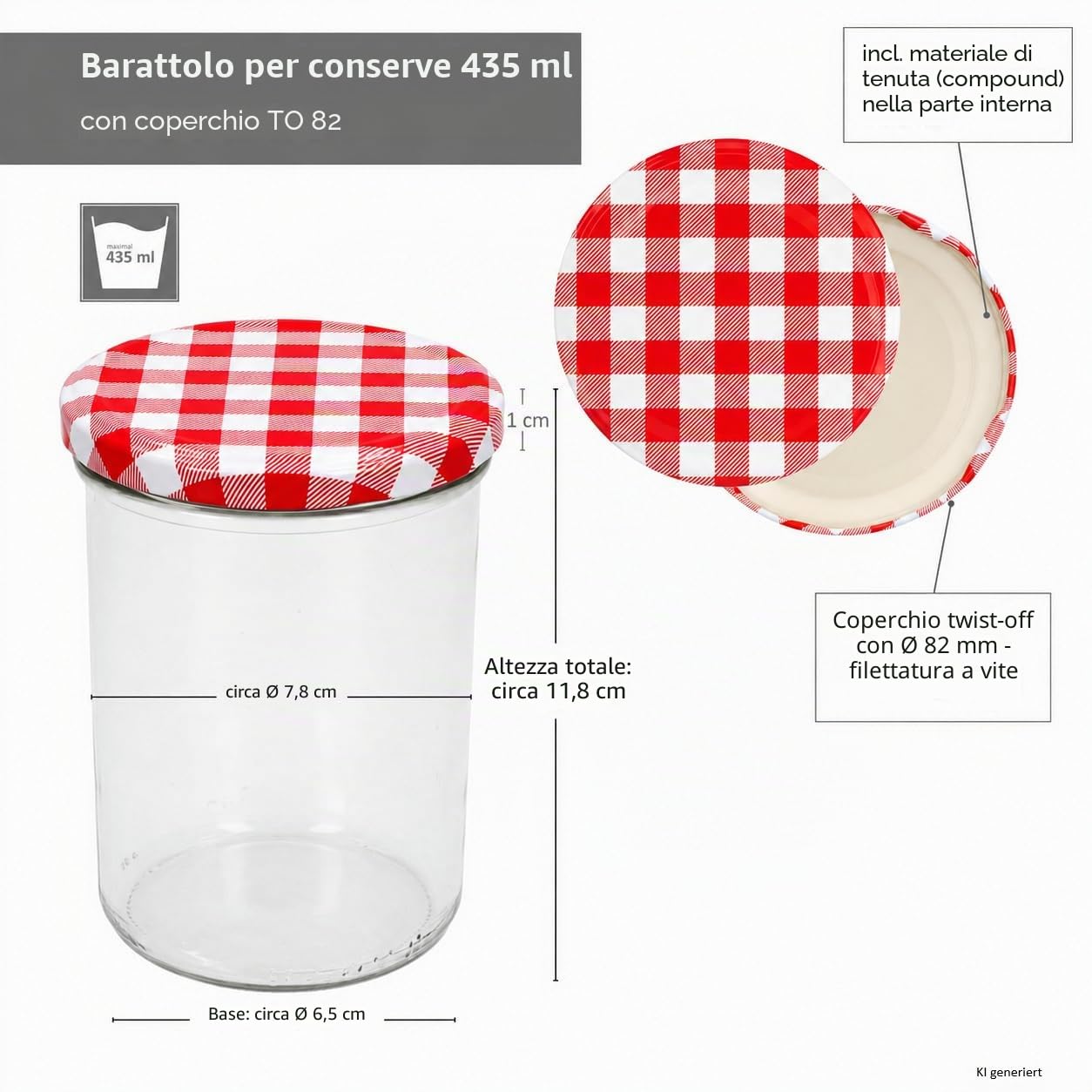 Set di 48 barattoli in vetro da 435 ml per conserva, con tappi To 82 rosso a scacchi, quaderno per ricette incluso