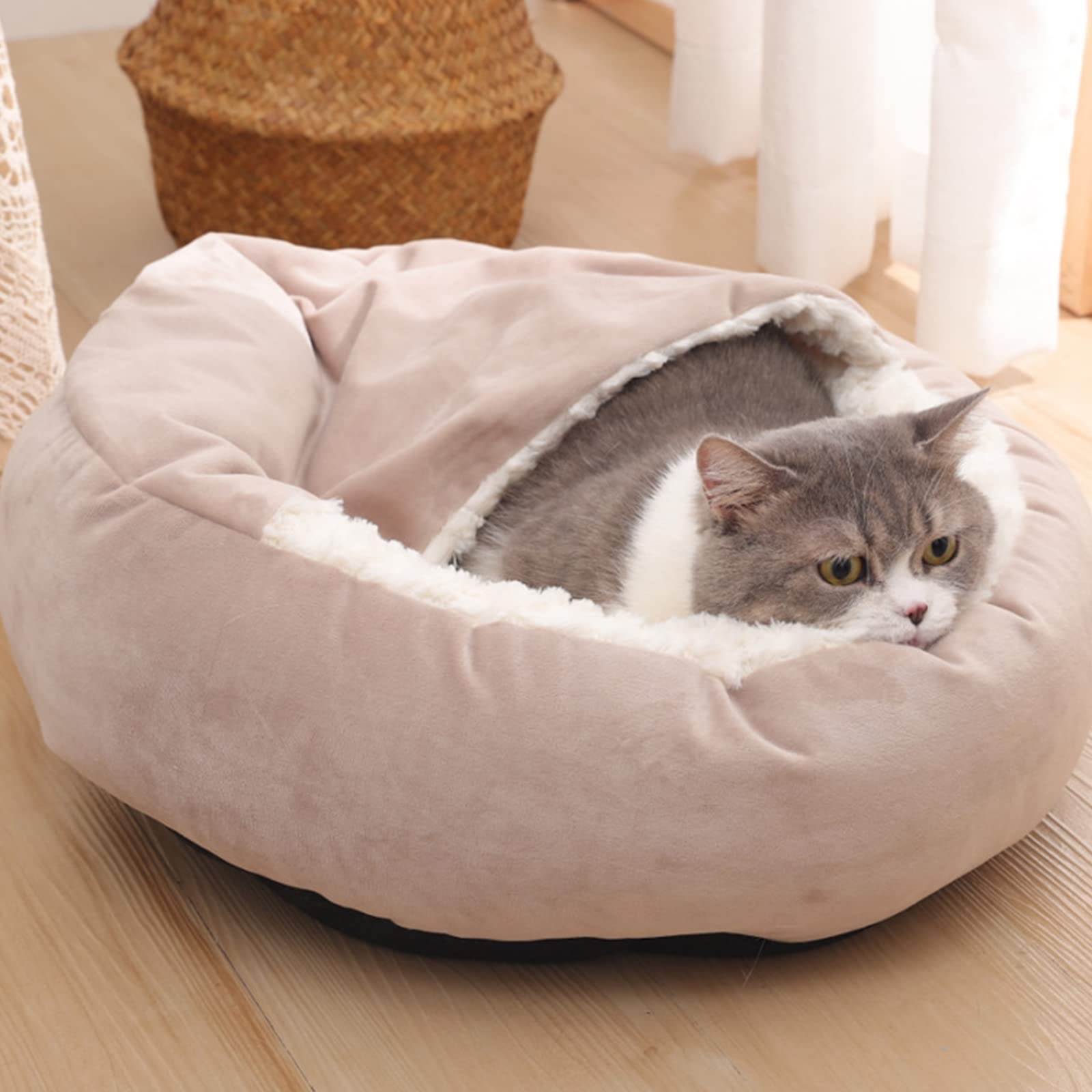 PJDDP Cat Bed Round Dog Bed Cover Soft Plush Burrowing Cave Hooded Cat Bed Donut Fluffy Puppy Cushion Mat Puppy Bed Machine Washable with Nonskid Bottom for Small Dogs Or Cats