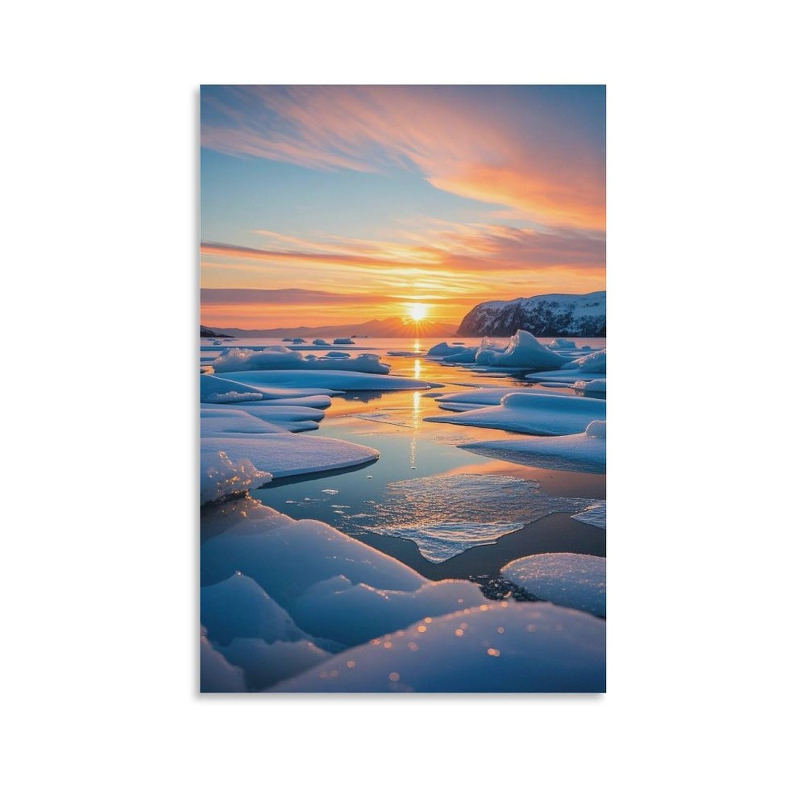 IEJKLUVWX Icy Lake Sunset Wall Pictures Frozen Lake Fade-Resistant High Definition Ready to Hang for Sofa Background Bedroom Housewarming Gift Modern 20x30inch(50x75cm)