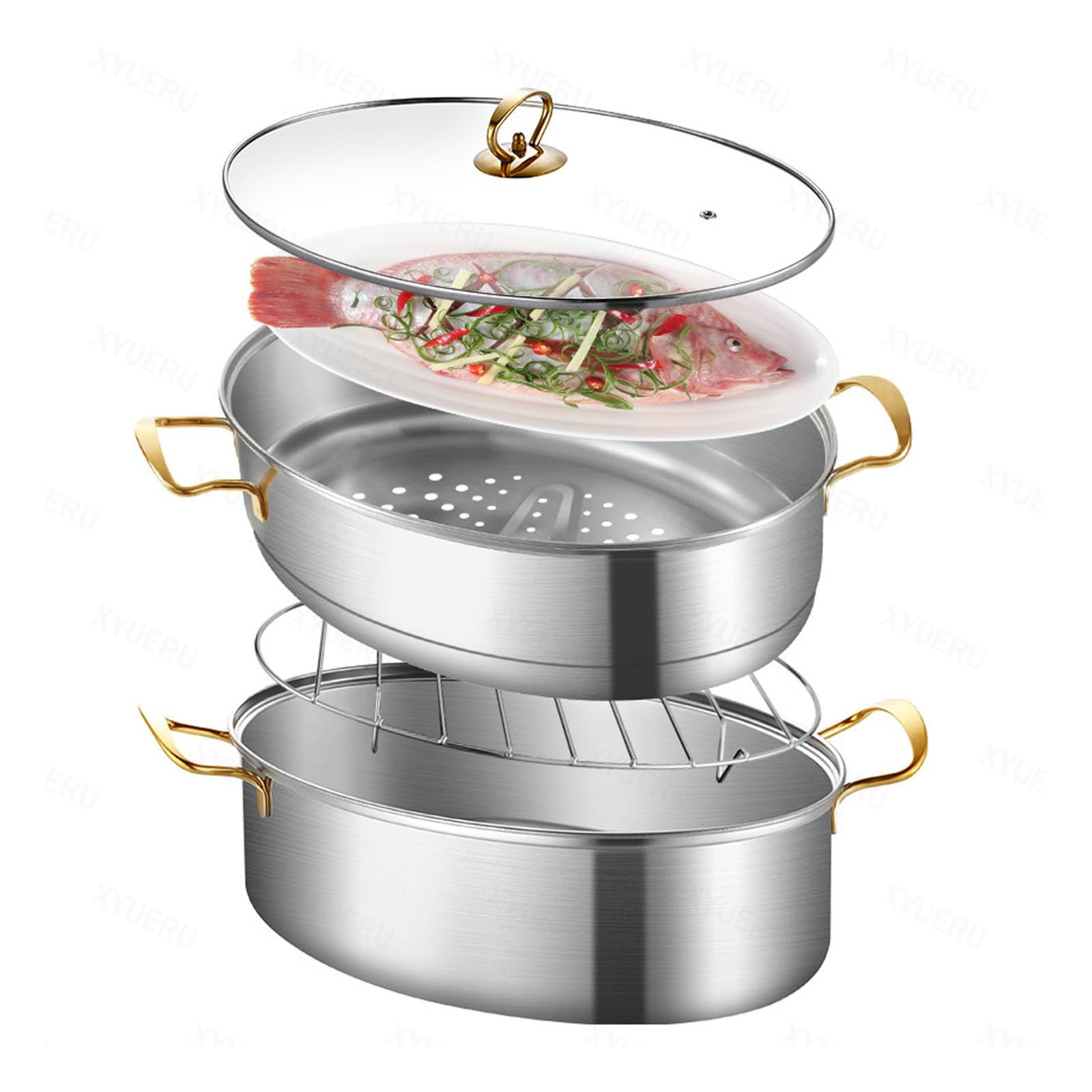 Pentola per pesce a vapore, in acciaio inox, a 2 livelli, design ovale per cuocere a vapore frutti di mare, include una teglia per gamberetti e granchi