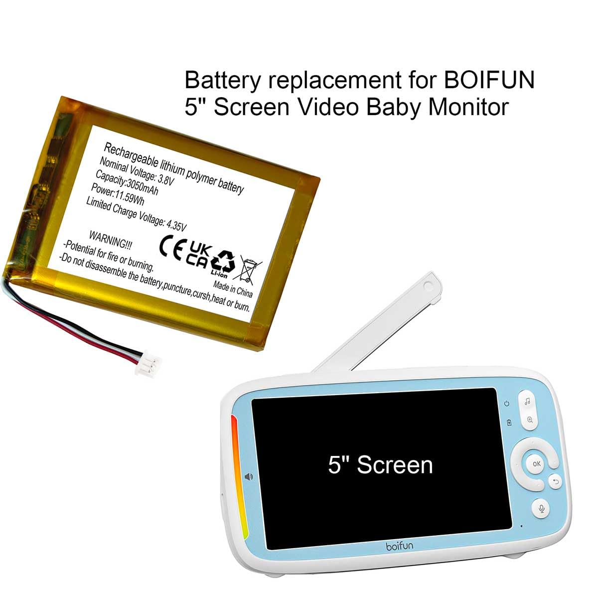AOLIKES Batteria di ricambio 3,8 V 3050 mAh per BOIFUN BM928 / BM927 / BM925 / VB805 5" schermo video baby monitor