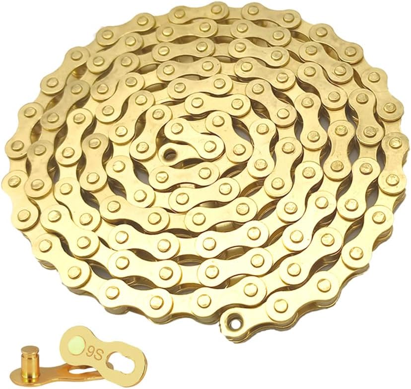 9 Speed Bicycle Chain 1/2 x 11/128 Inch 116 Links Bicycle Chain with 9 Speed Bicycle Chain Connector Gold