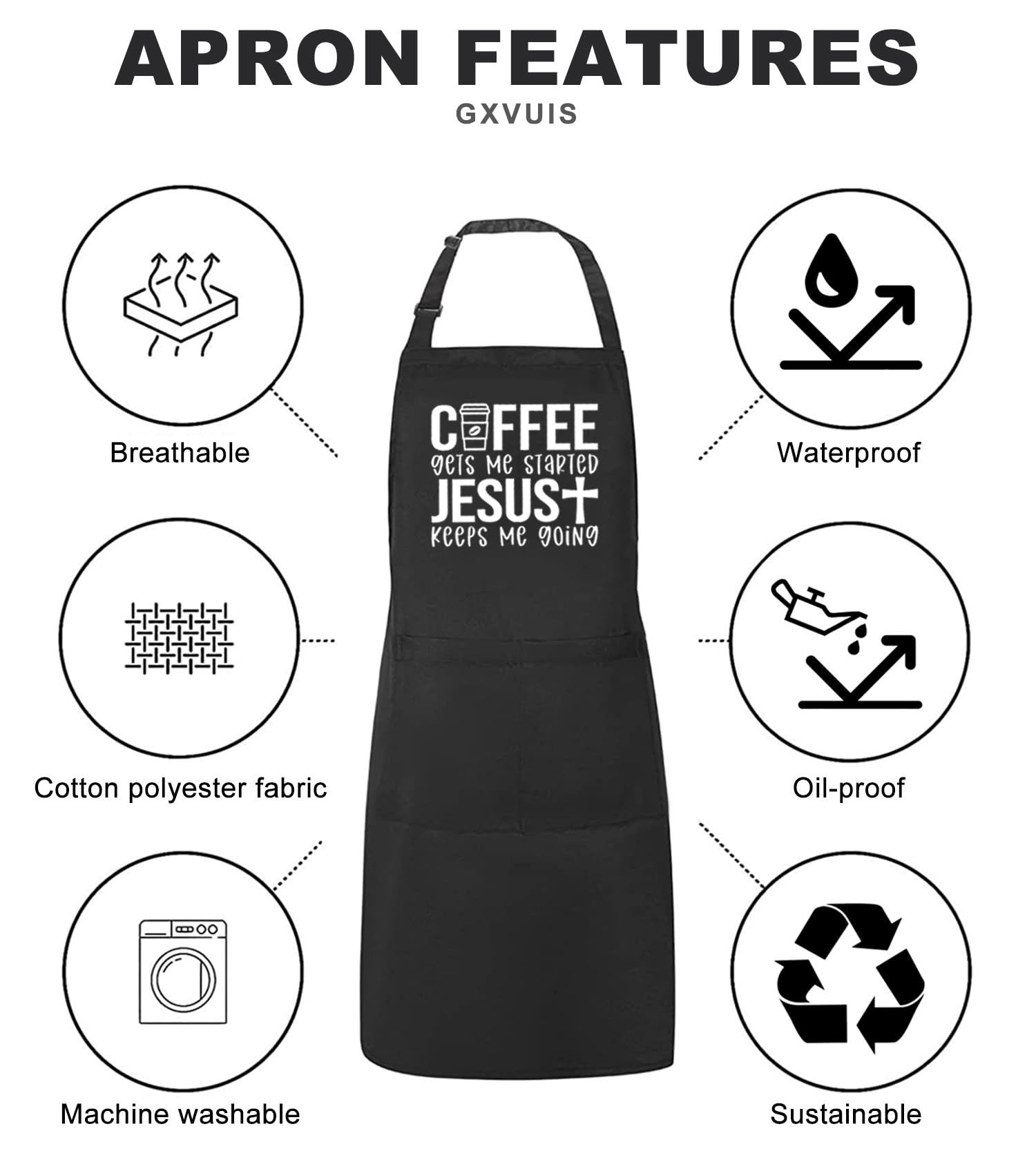 Coffee Gets Me Started Jesus Keeps Me Going - Delantal para mujer con 2 bolsillos, impermeable, ajustable, regalo cristiano, Negro -, regular