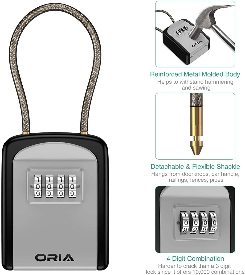 ORIA Key Lock Box, 4 Digit Combination Lock Box Key Safe Box, 5 Keys Capacity with Removable