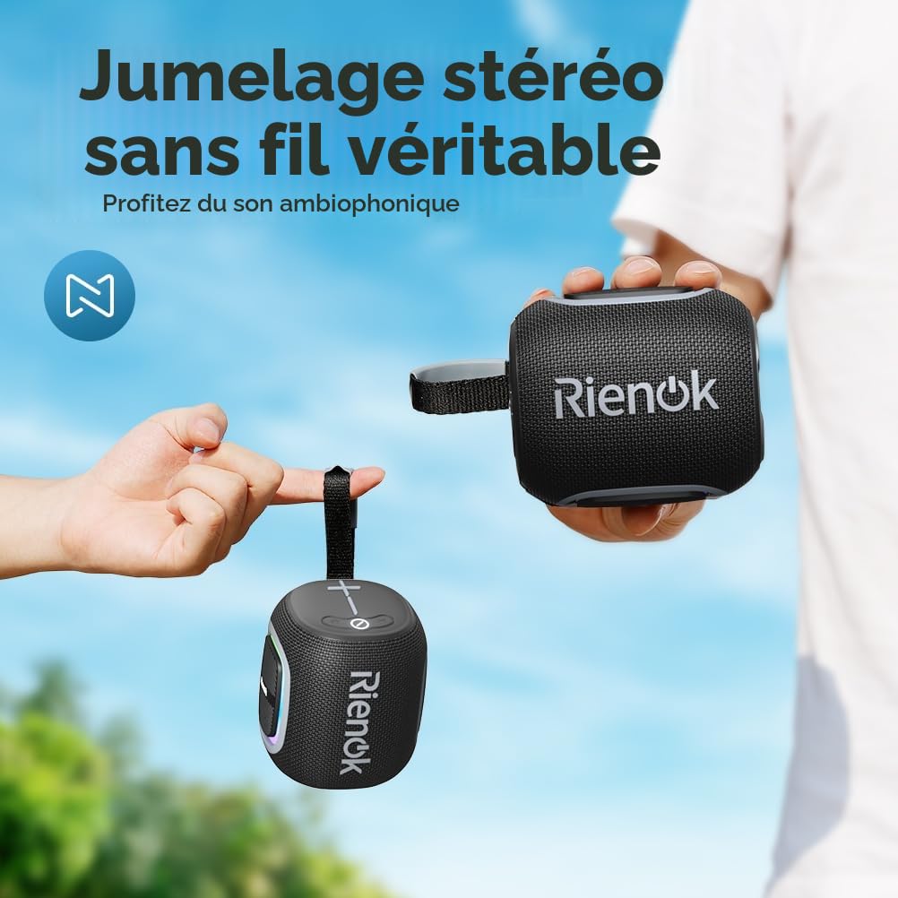 RIENOK Enceinte Bluetooth Portable, Haut Parleur Puissant Lumineuse avec Bluetooth 5.3, Autonomie 15H, 1800mAh, Radio FM, Port Clé USB, AUX, TF Carte, pour Soirées Plage Randonnées Voyage, Noir