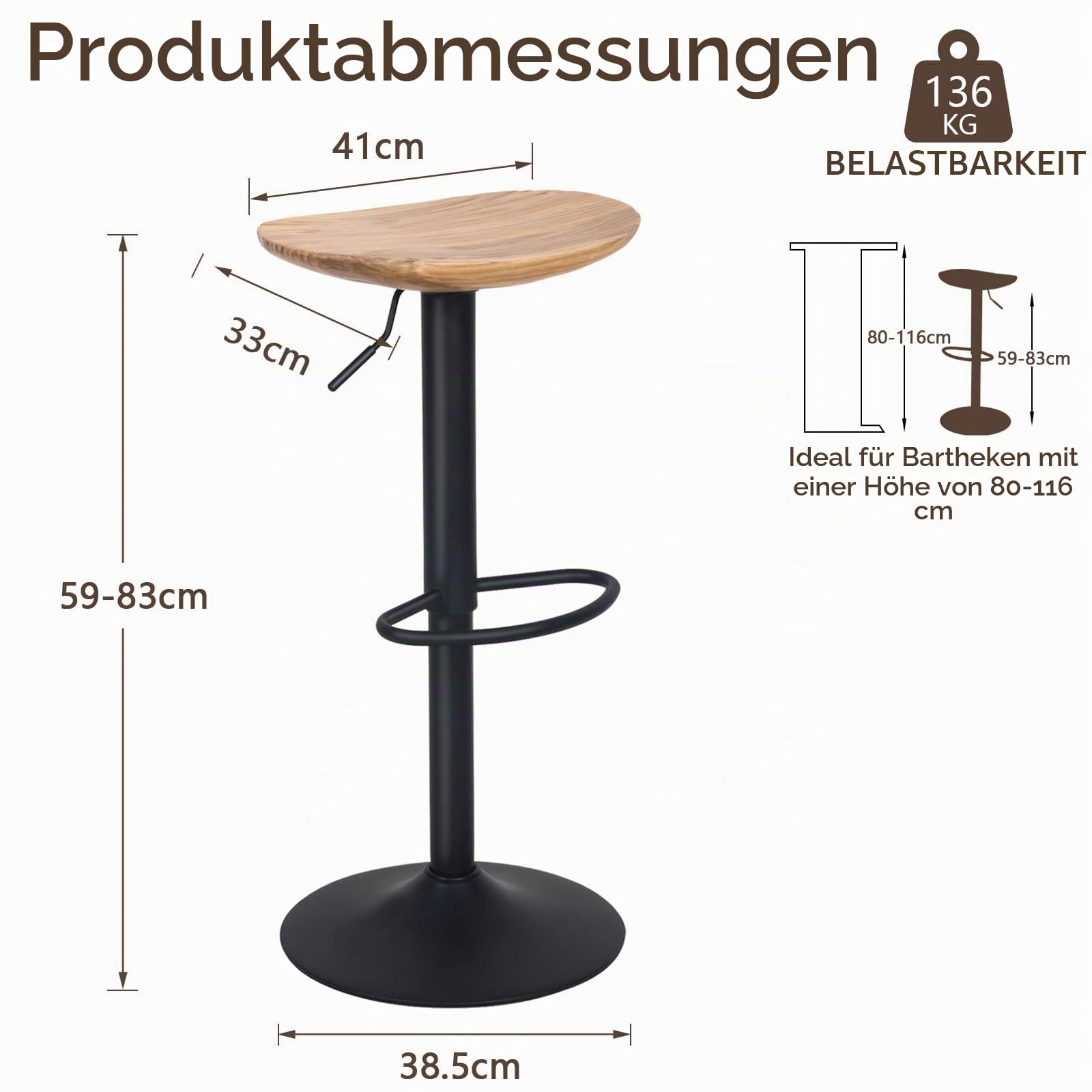 Kidol & Shellder Barhocker 2er Set Esszimmerstühle Hellbraun, Massivholz Höhenverstellbar 360° Drehbar, Schwarz Stabiler Metallsockel Einfach zu Montieren, Industrielles Modernes Zuhause Küchentheke…