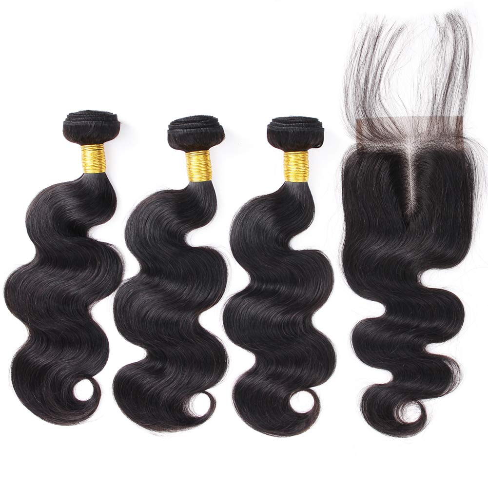 Brazilian Body Wave Hair Bundles with Closure 100% Unprocessed Virgin Hair Human Hair Free Part Lace Closure (12/14/16+10 inch)