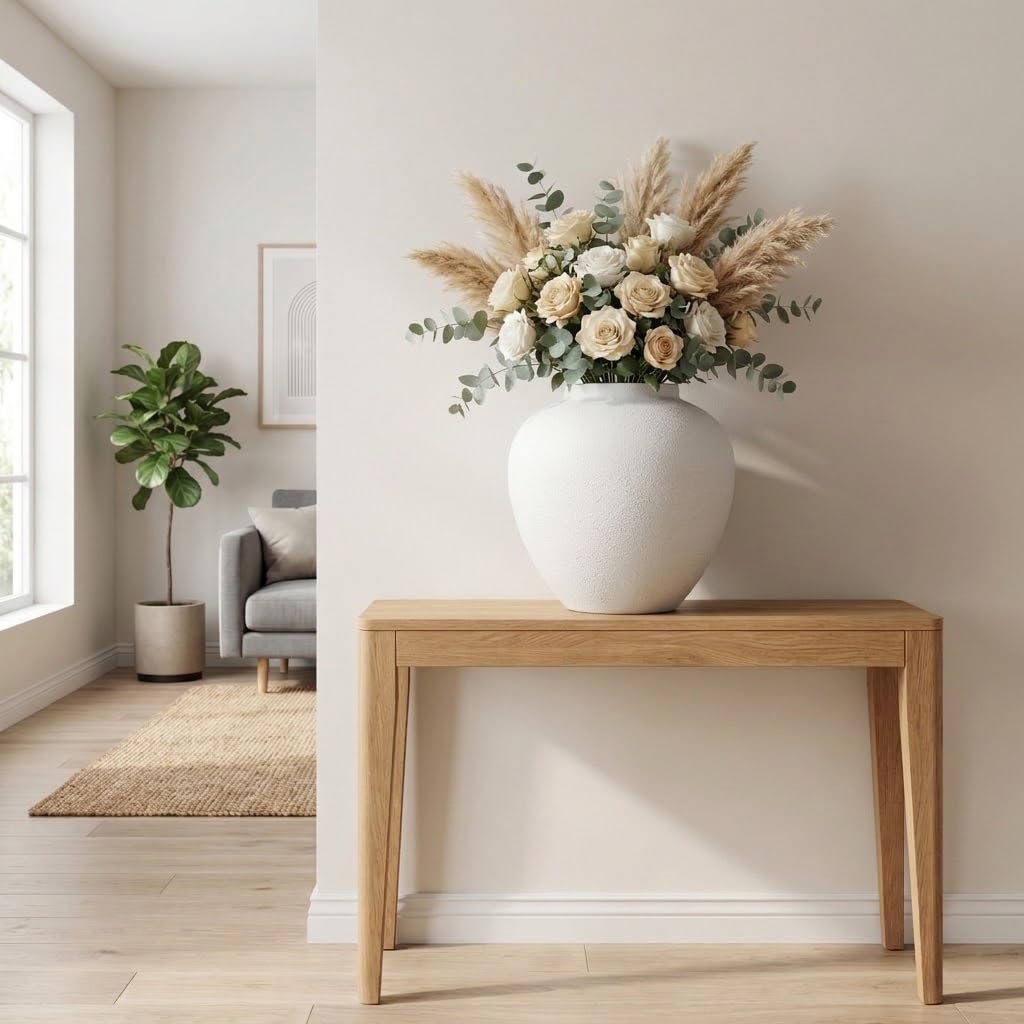 Metallvase Modern 29 cm – Große Dekovase für Pampasgras & Trockenblumen, Runde Vintage Metall Vase Wohnzimmer Deko, Rustikale Tischvase Industrial Stil, Weiß