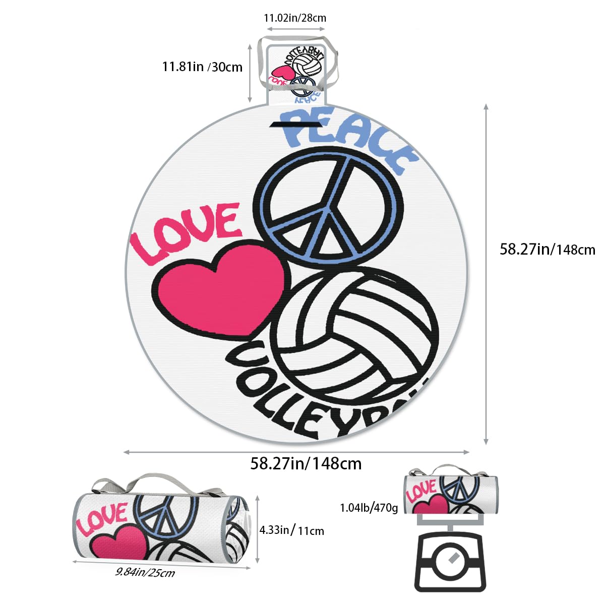 Shimoshe Love Peace Volleyball Picnic Outdoor Blanket Foldable Waterproof Sandproof Beach Blanket Portable Water-Resistant Round Picnic Mat for Travel Camping Park Lawn