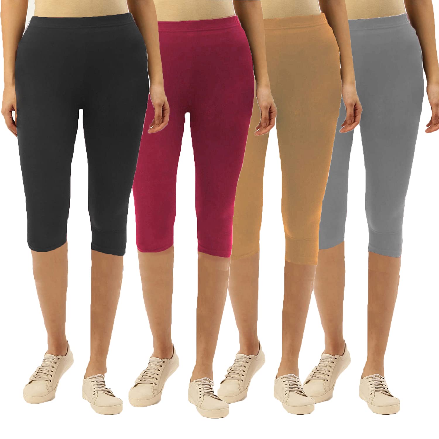 Women's Cotton Plain Capri, Nightwear Capri, Colors May Vary (Free, 4 Pack) (Free Size 28-34 inch Waist)