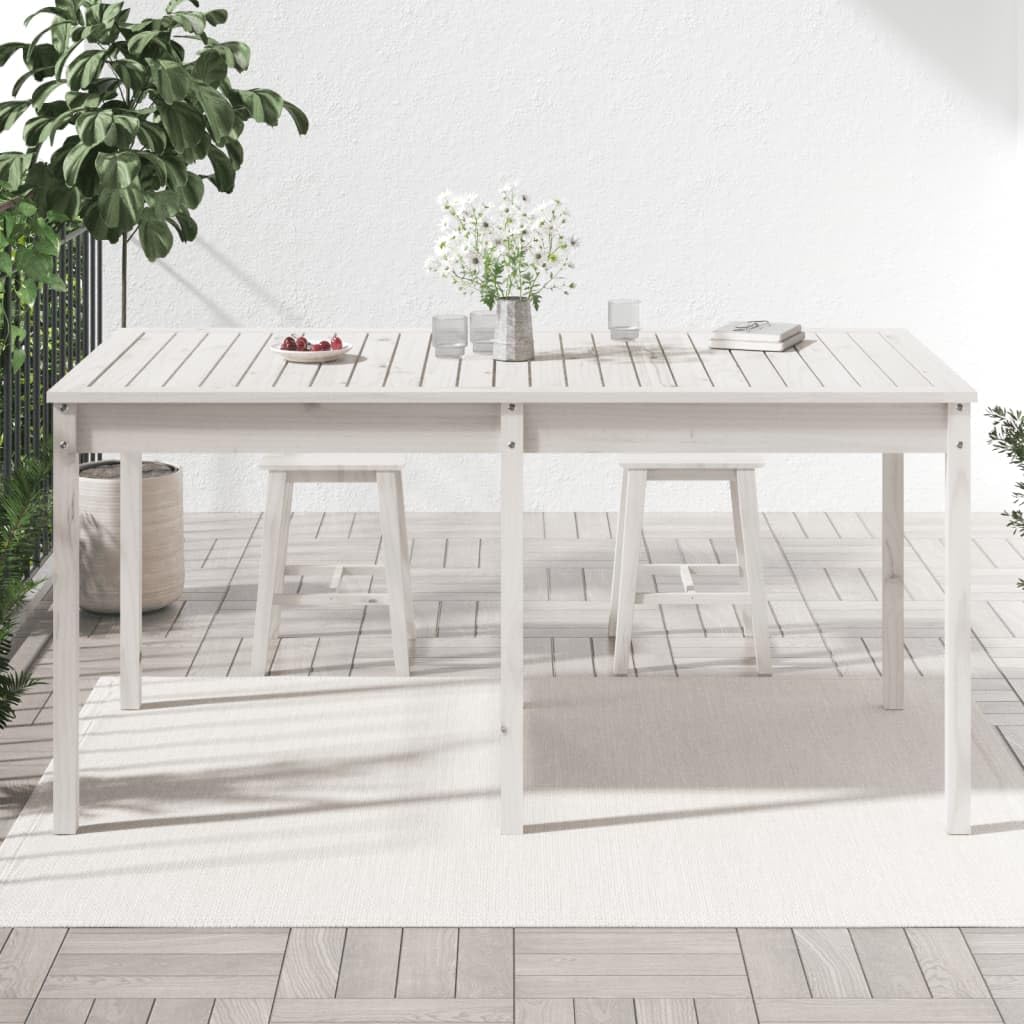 Stół ogrodowy, biały, 159,5 x 82,5 x 76 cm, lite drewno sosnowe, klasyczny stół drewniany do ogrodu, na taras, balkon, stabilna rama i wytrzymały blat stołu do użytku na zewnątrz
