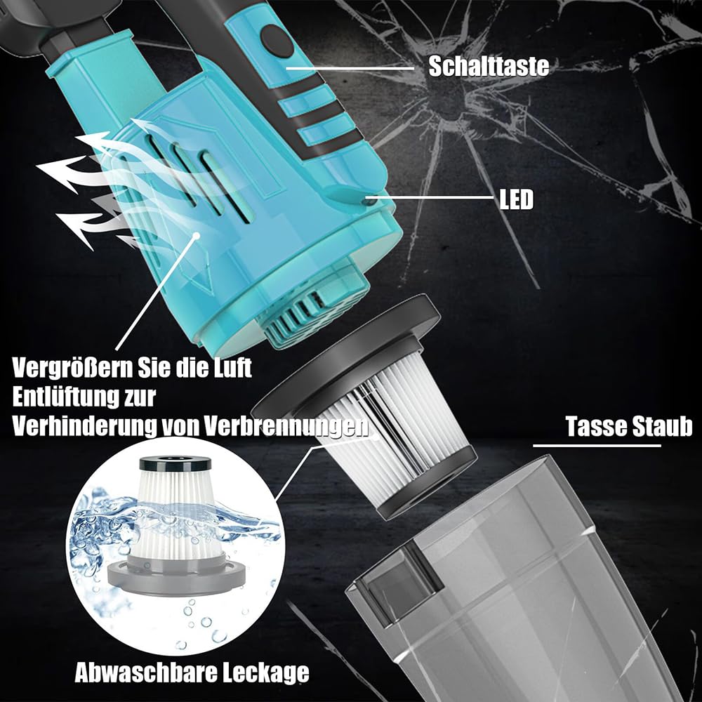 Handstaubsauger 10000Pa,Ersatz für Makita 18V Akku,Mini Handstaubsauger Auto 140W,Bürstenloser Motor,mit 2X 3.0AH Akku und Waschbar HEPA-Filter,für Auto Haus Büro, Tierhaare