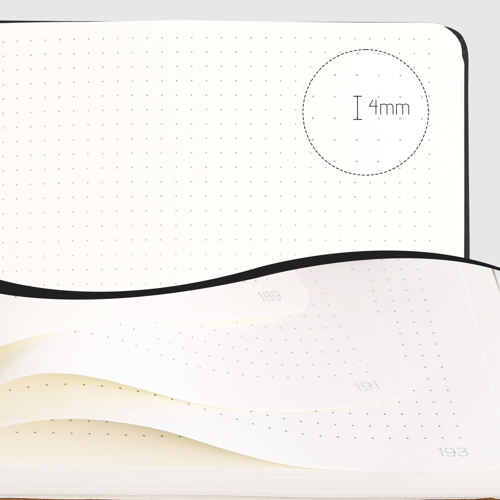 Notatnik w formacie A5, w kropki, twarda oprawa, 320 stron, gruby papier 100 g/m², okładka ze skóry PU, wielokolorowe zakładki, kieszenie wewnętrzne, do prowadzenia dziennika