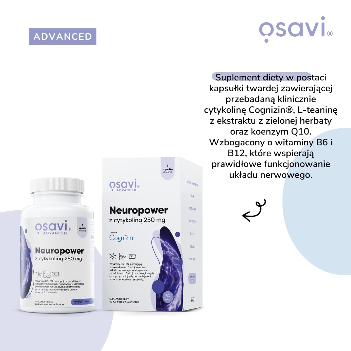 Osavi Neuropower z Cytykoliną 250 mg – 90 wegańskich kapsułek | Wspiera układ nerwowy i zdrowie psychiczne | Z Cognizin® cytykoliną, L-teaniną, koenzymem Q10, B6 i B12 dla jasności umysłu