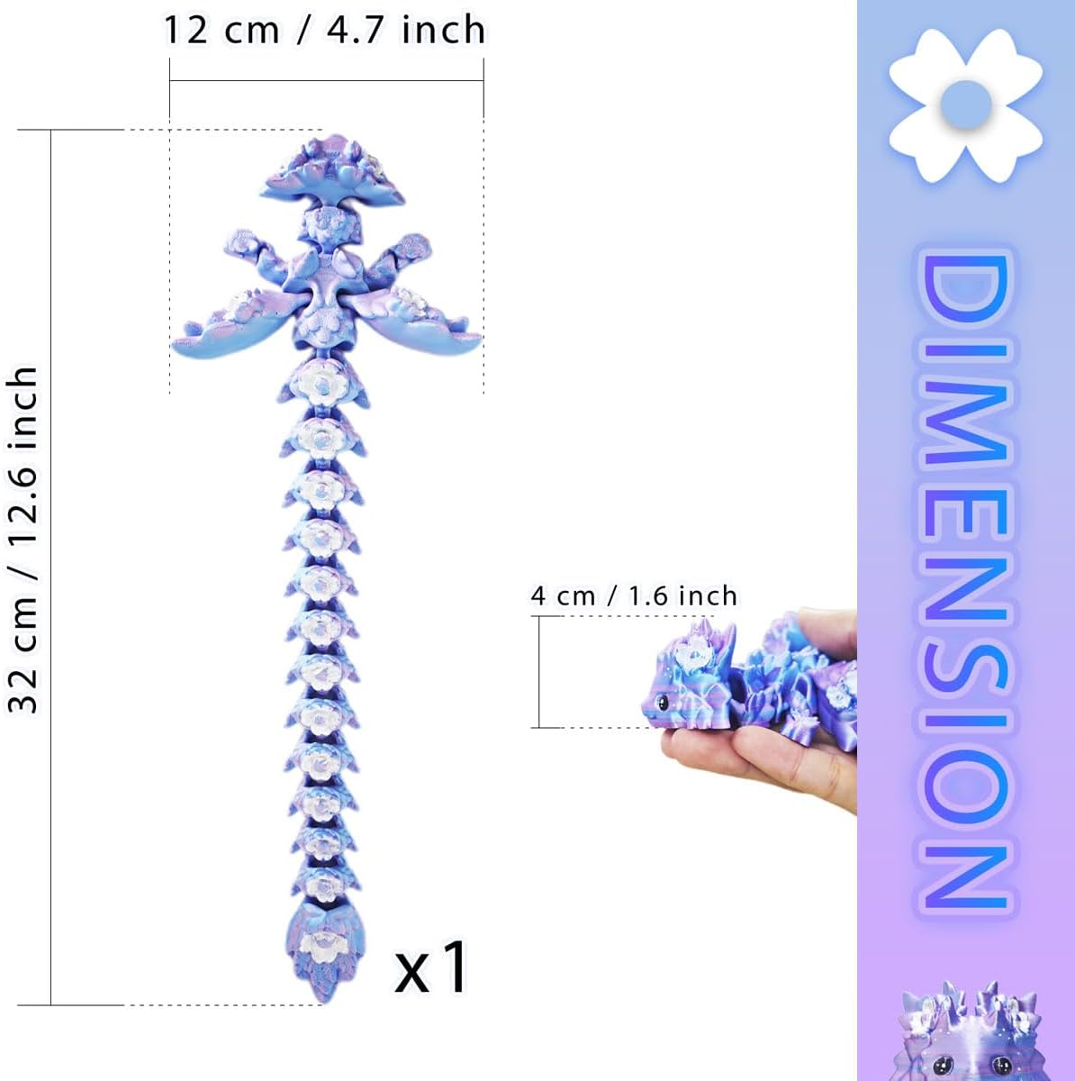 3D Printed Axolotl Fidget, Big 3 d Print Flower Axolotls Dragon with Flexible Wings, 12 inch Wiggly Hand-Paint Articulated Large Creatures Blue Violet Purple