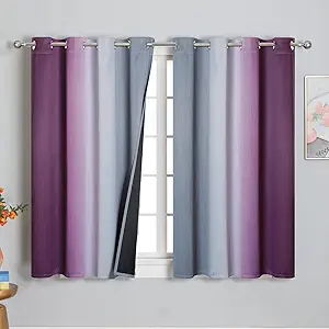 Purple and Grey Blackout Curtains 45 Inches Long,Ombre and Wavy Line Pattern 100% Blackout Curtains for Bedroom,Full Light Blocking Grommet Thermal Insulated Drapes for Kids Room, 52x45 Inch, 2 Panels