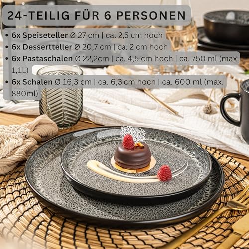 SÄNGER Sydney | Tafelservice 24 teilig, Steingut Geschirr Set 6 Personen, 6x Teller Set 6x Frühstücksteller 6x Tiefe Teller 6x Pastaschalen Geschirrset und Schale dunkel grau | VALUE COLLECTION