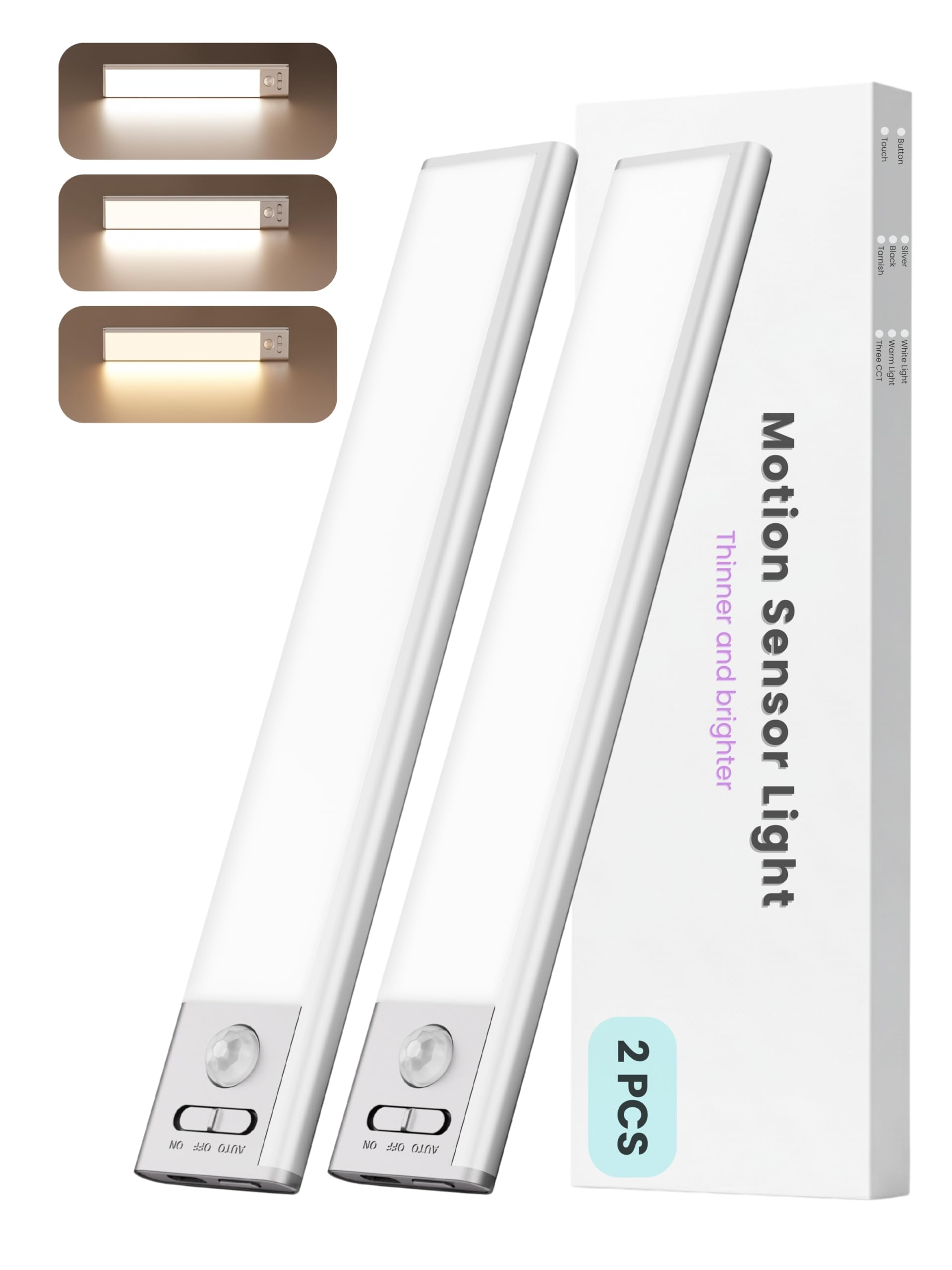 Iluminación automática debajo del gabinete, luz LED recargable con sensor de movimiento, diseño magnético inalámbrico, temperatura tricolor, 110 lúmenes, para despensa, escaleras, armario