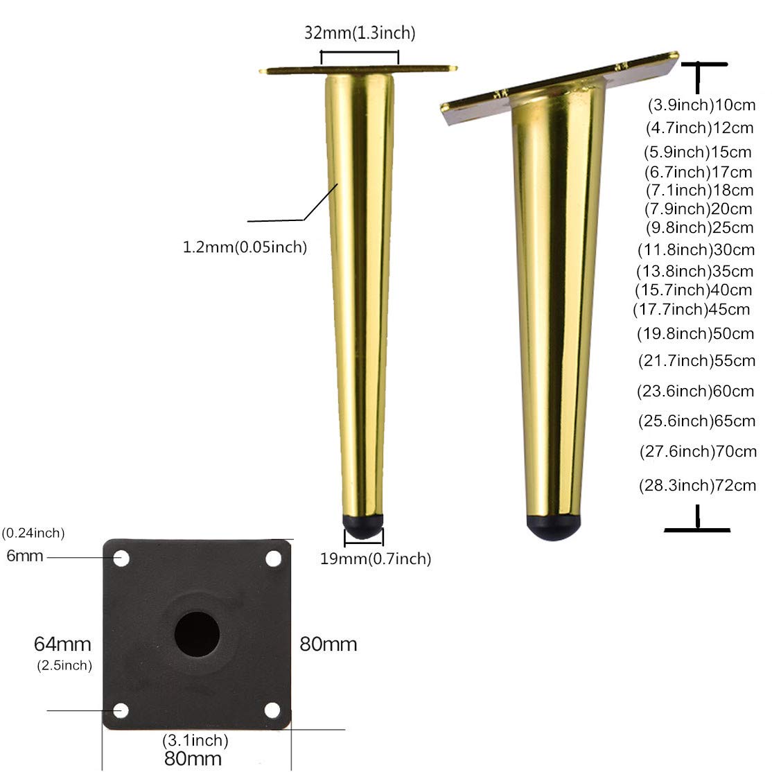 Set di 4 Gambe per Mobili in Metallo,Gambe di Ricambio per Tavolino Affusolato,Piedi per Divani Fai-da-te,Gambe dell'armadio,per Sedie, Porta TV,Armadio,Pouf,Comodino,con Viti,D'oro (30cm,Inclined)