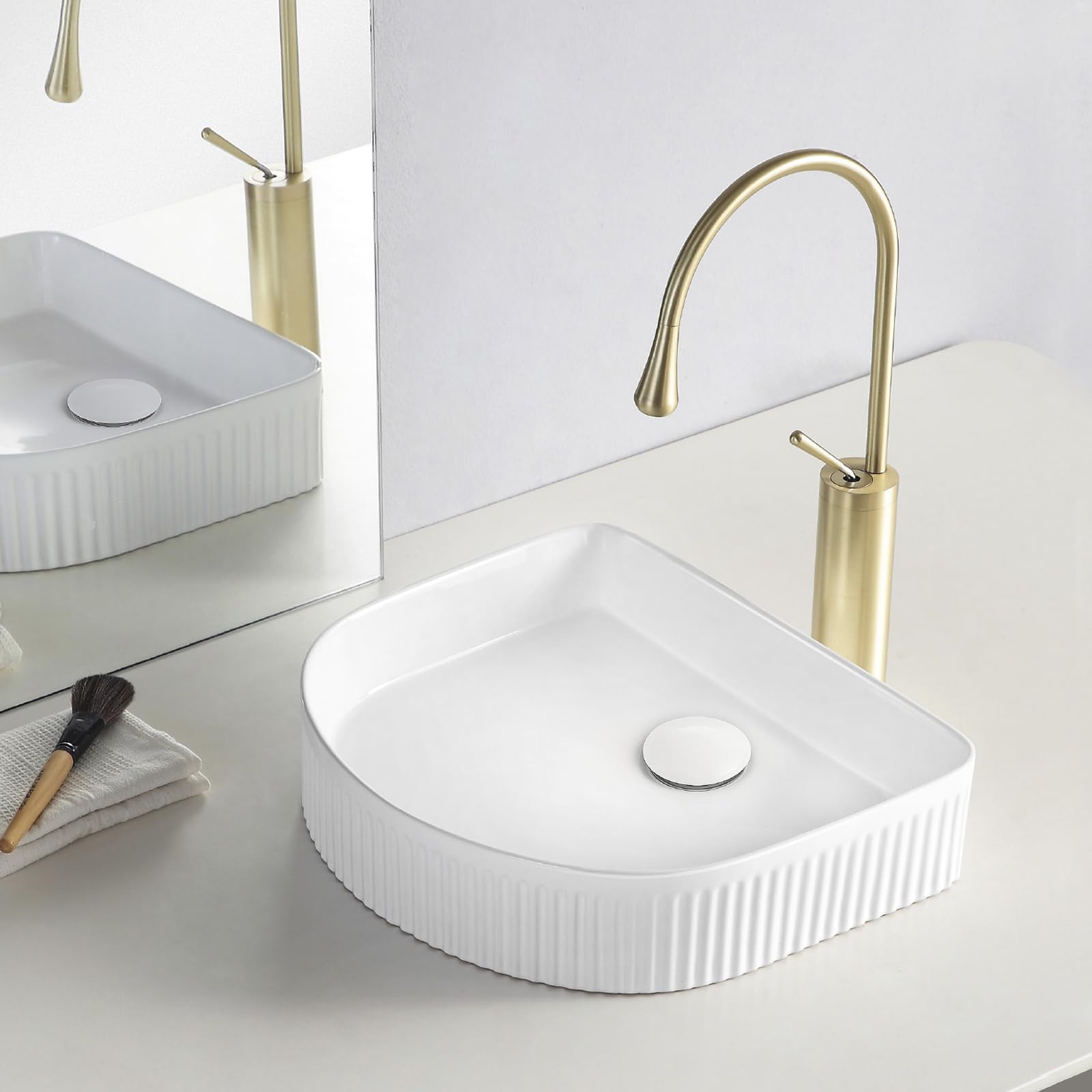 bathivy 16.3" x 14.4" Bathroom Vessel Sink with Pop Up Drain, Modern White Semicircle Vessel Sink, Bathroom Sink Above Counter, Vessel Sink for Bathrooms, Porcelain Ceramic Bathroom Vessel Vanity Sink