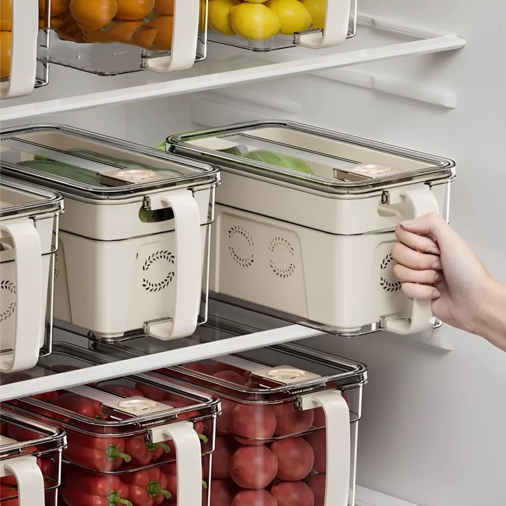 Vasukie Divided Fridge Storage Boxes With 4 Serving Veggie Tray with Lid and Handle, Fridge Organizer with Removable 4 Compartment, Fridge Storage Containers (1 Large Compartment-1PC)