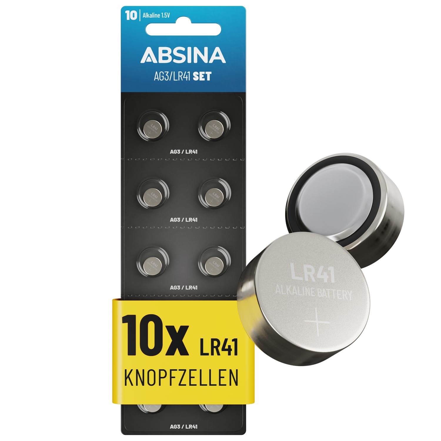 ABSINA AG3 LR41 Knopfzelle 10er Pack - 1,5V Alkaline Knopfzellen auslaufsicher & mit Langer Haltbarkeit - LR736 / L736 / G3 / G3A / 3GA / 192 / GP192 / V3GA / RW87 - Knopfbatterien Batterien Batterie