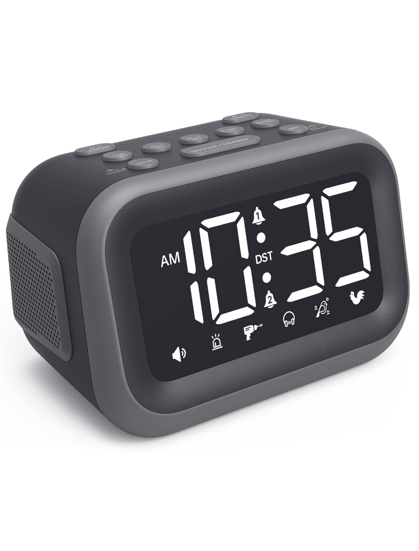 Acedeck Super Loud Alarm Clock: 115dB Dual Alarms and 6 Alarm Sounds for Heavy Sleepers - Adult Shift Workers in Bedroom or Daily Wake-Up Use - Gray