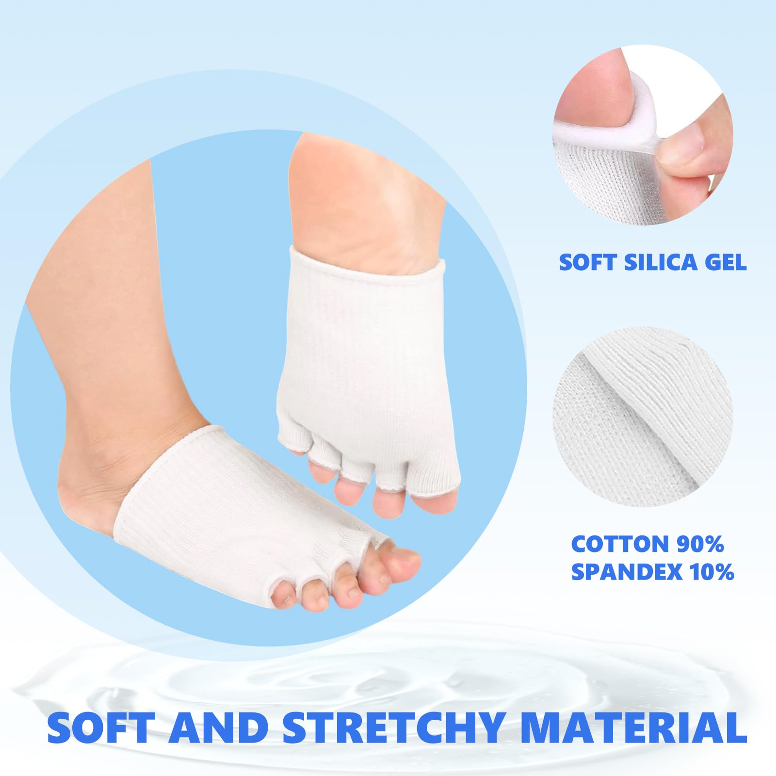 Gel-Lined Toe Compression Socks (1 Pair) Moisturizes Toes Separator Spacer Stretcher Therapeutic Dry Forefoot Feet Hard Cracked Skin (White, Medium) : Therapeutic Gel Socks - View #8