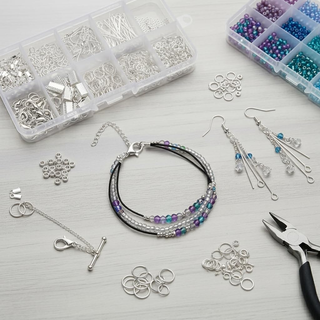 Beadsnfashion Metal Findings Kit, Jewellery Making Metal Findings Kit with Ribbon Clamp Crimps with Loop Head Pins Ribbon Ends for Jewellery Making and Crafts Work 1