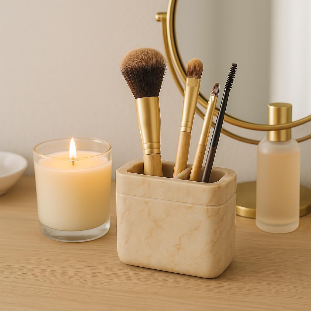Creative Home Natural Champagne Marble Toothbrush Holder for Bathrooms, Rectangular Bathroom Countertop Organizer, Makeup Brush Holder, 5.5 x 2.6 x 4.5 Inch, Beige