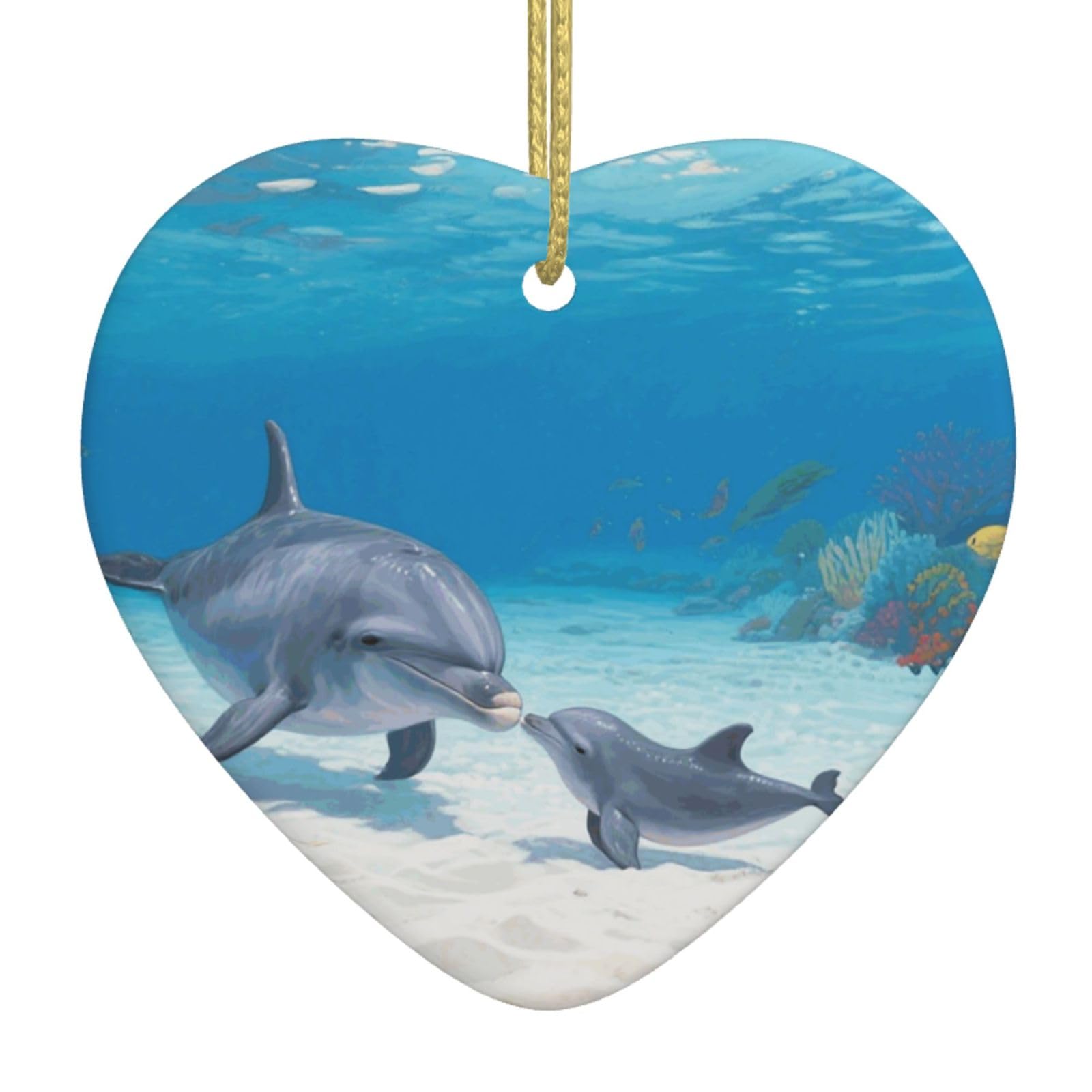 Dolphin Christmas Ornament 2025 Heart Ceramic Hanging Ornaments for Home Decor Christmas Decorations with Gold Rope Double-Sided Xmas Tree Ceramic Hanging for Holiday Party